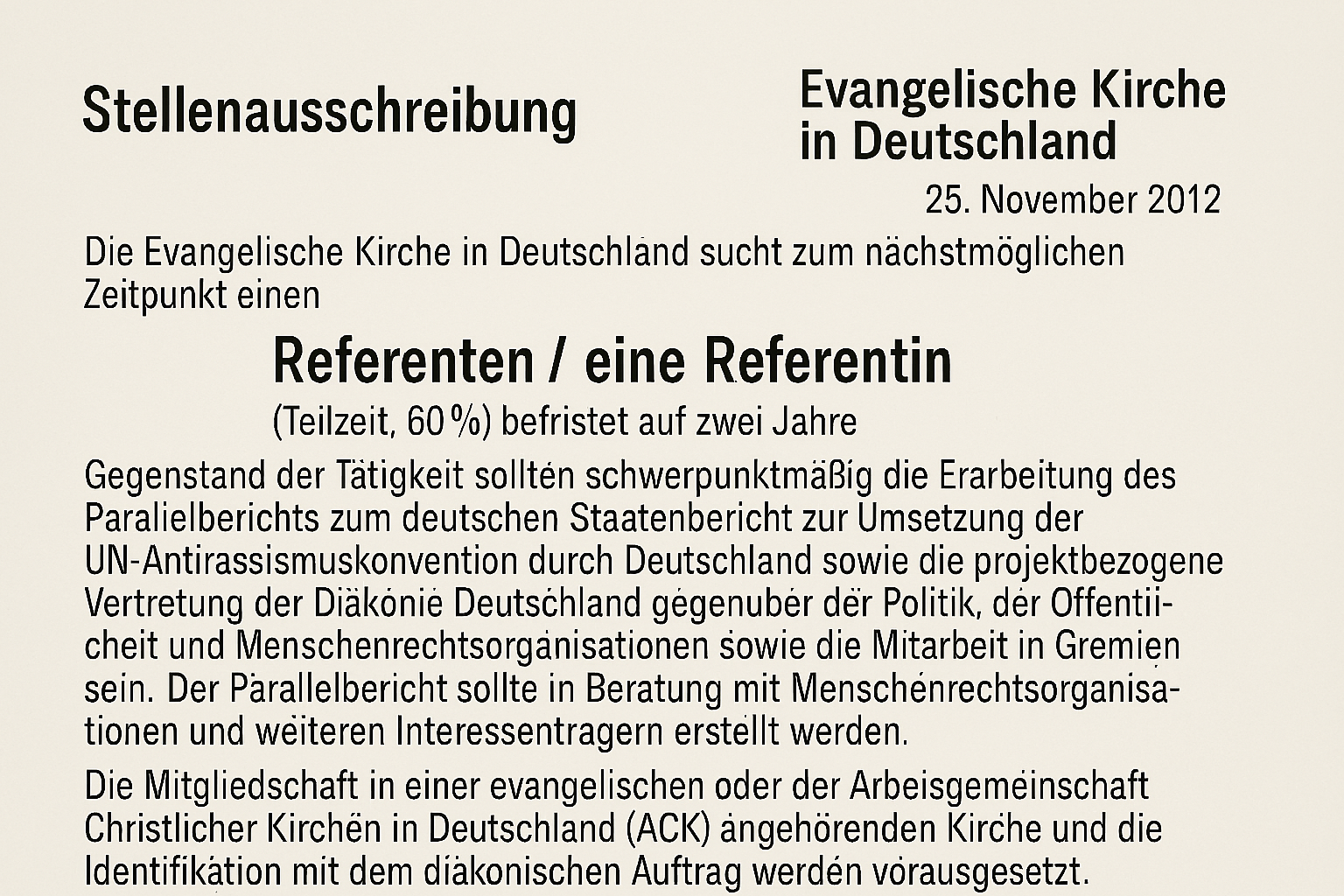 Stellenausschreibung der evangelischen Kirche