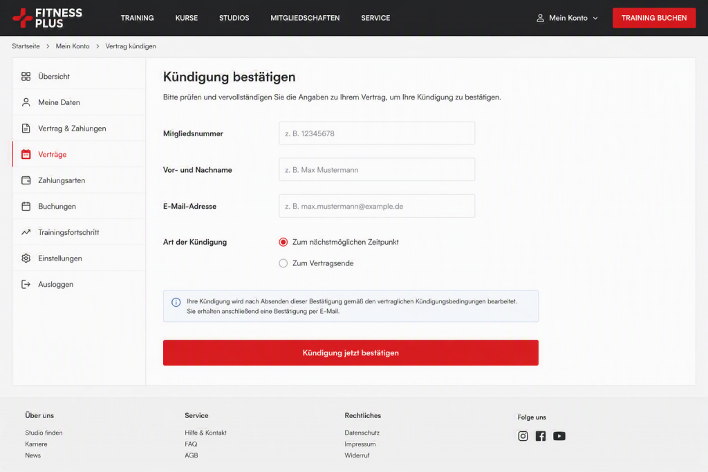Online-Kündigung Vertrag mit Fitnessstudio