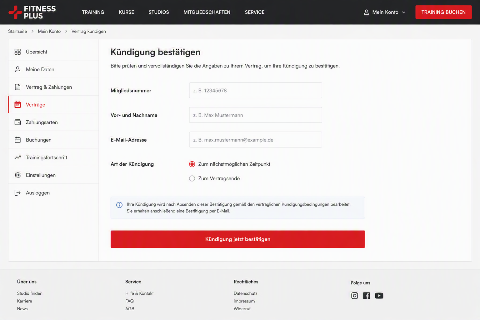 Online-Kündigung Vertrag mit Fitnessstudio