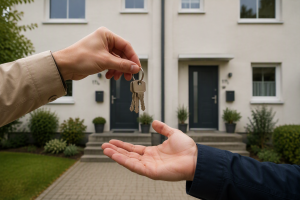 Schlüsselübergabe vor einem Zweifamilienhaus