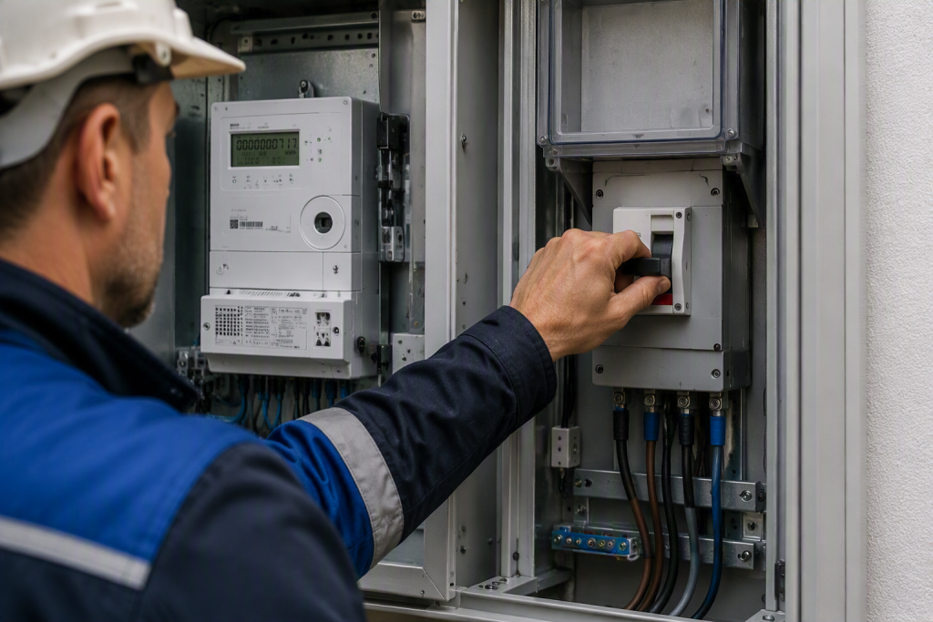 Techniker sperrt Stromanschluss