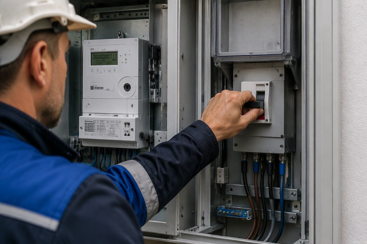 Techniker sperrt Stromanschluss